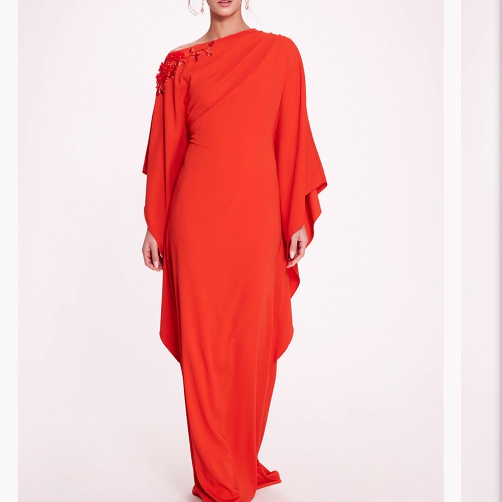 Asymmetrical Orange Gown with Dolman Sleeves for Weddings